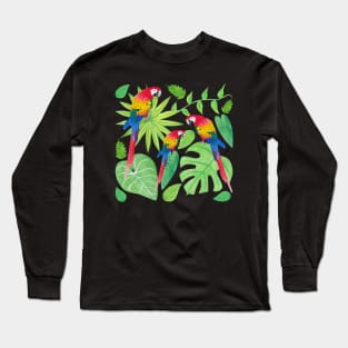 Parrot Rainbow Ombre with Green Plants, Monstera, Vines, Palm Fronds, Philodendron Gloriosum, and Anthurium Warocqueanum Leaves Long Sleeve T-Shirt